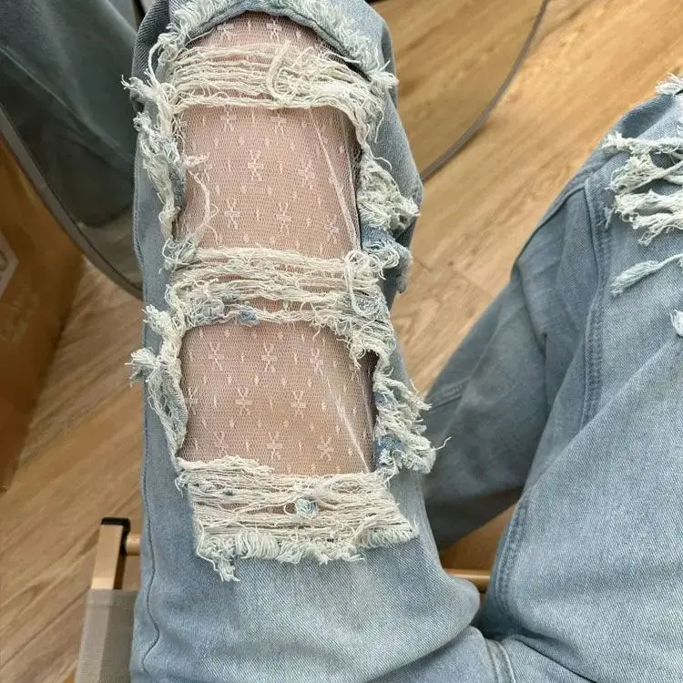 

American Design-Sensory Ripped Lace Spliced ​​Denim Trousers Women Spring Summer New High-Waist Loose Straight Wide-Leg Pants