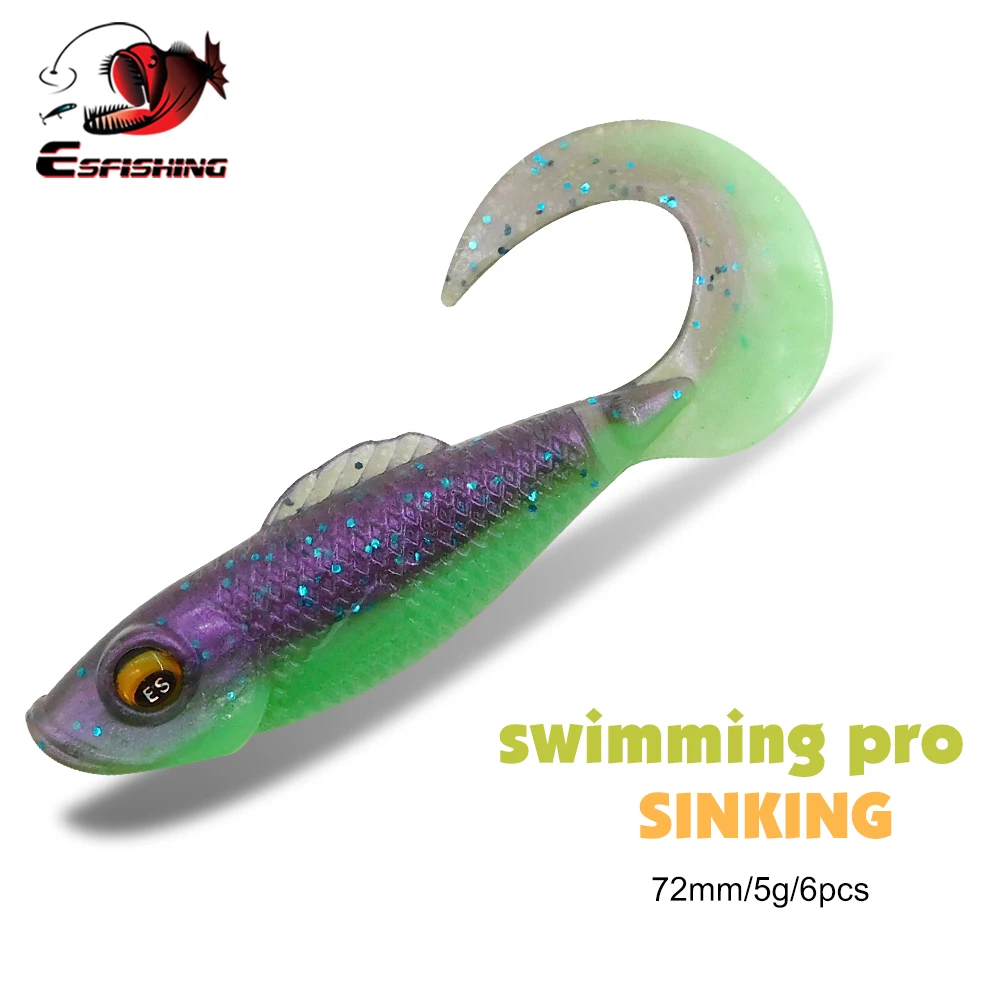 

ESFISHING Swiming PRO 72mm 6pcs 3D Eyes Grub Sea Pesca Fishing Lures Silicone Bait Cheap Tackle Pesca Feeder Single Tail Grub