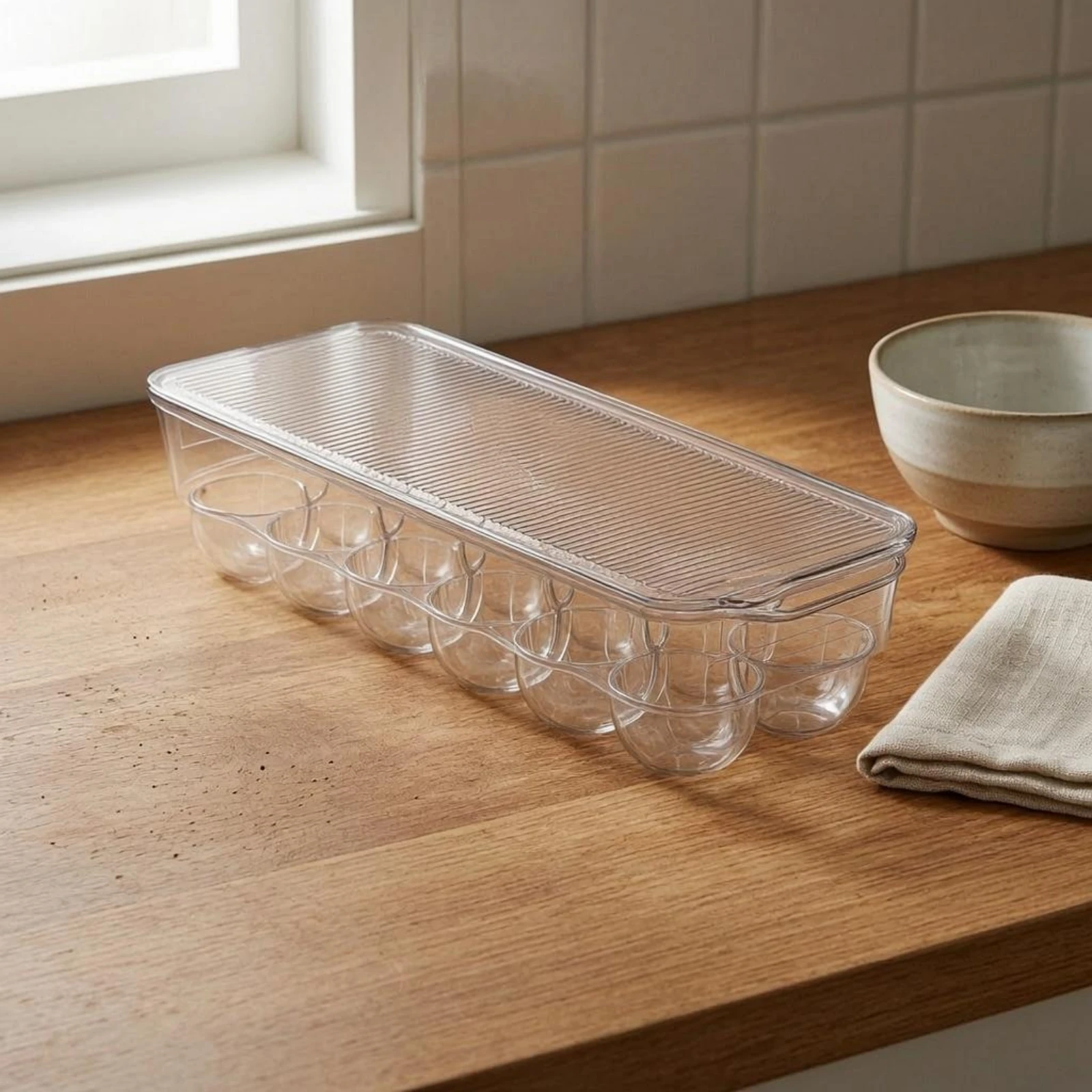 Rectangular Egg Tray with Removable Lid Molded Cups Egg Storage Container Stackable Design for Kitchen Fridge