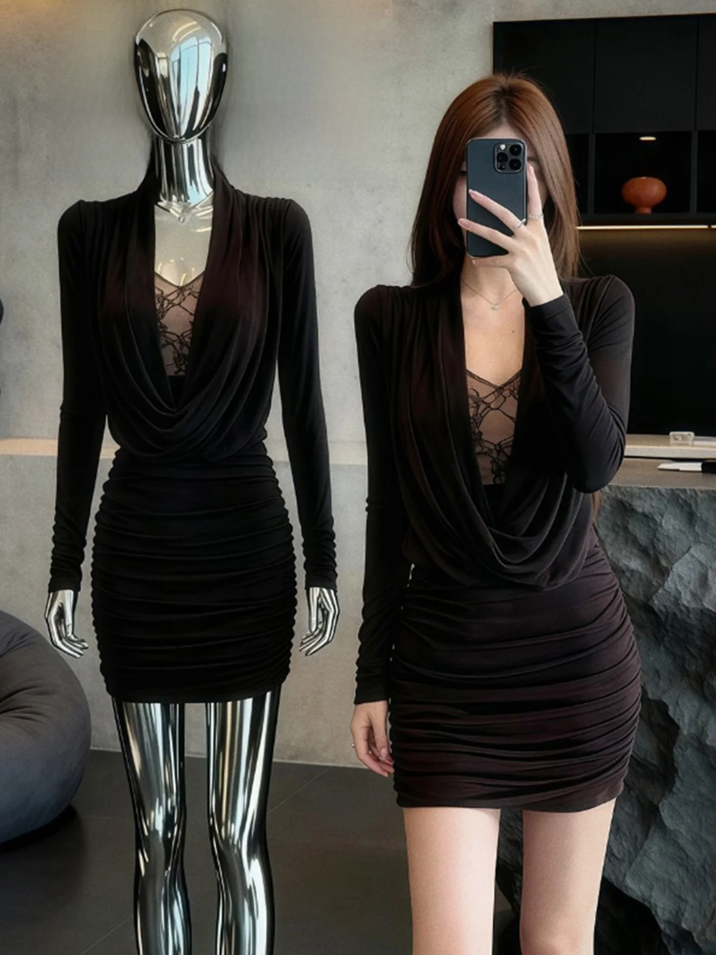 

Женская зимняя элитная юбка Lace Splice Slim Fit Long Sve V-Ne Dr, сексуальная дышащая удобная повседневная облегающая юбка...