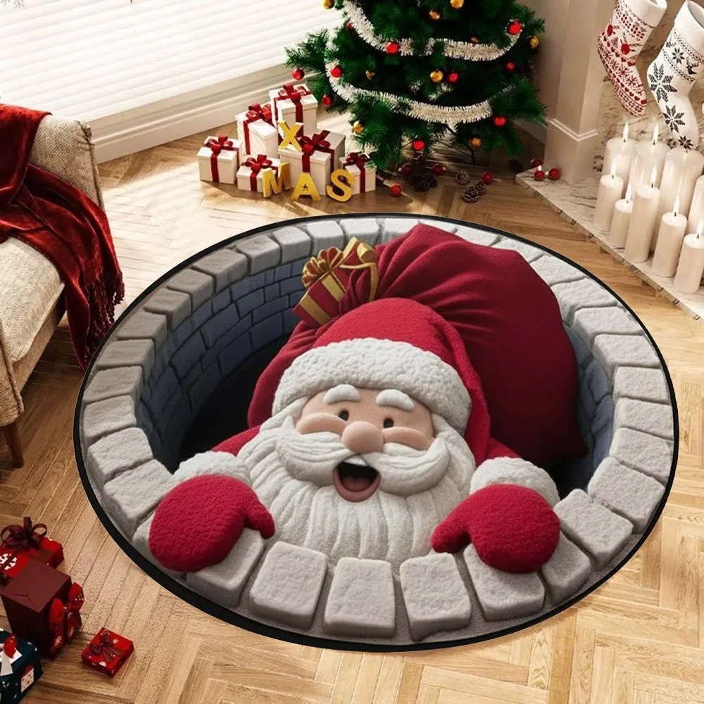 60*60cm Christmas Round Carpet 3D Special-shaped Imitation Cashmere Santa Claus Floor Mat Anti-Slip Red Bedroom Door Mat