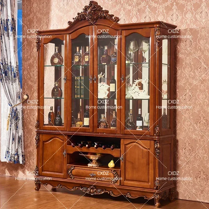 All Solid Wood Four Door Wine Cabinet Wall Mounted Red Wine Storage Collection Glass Display Cabinet