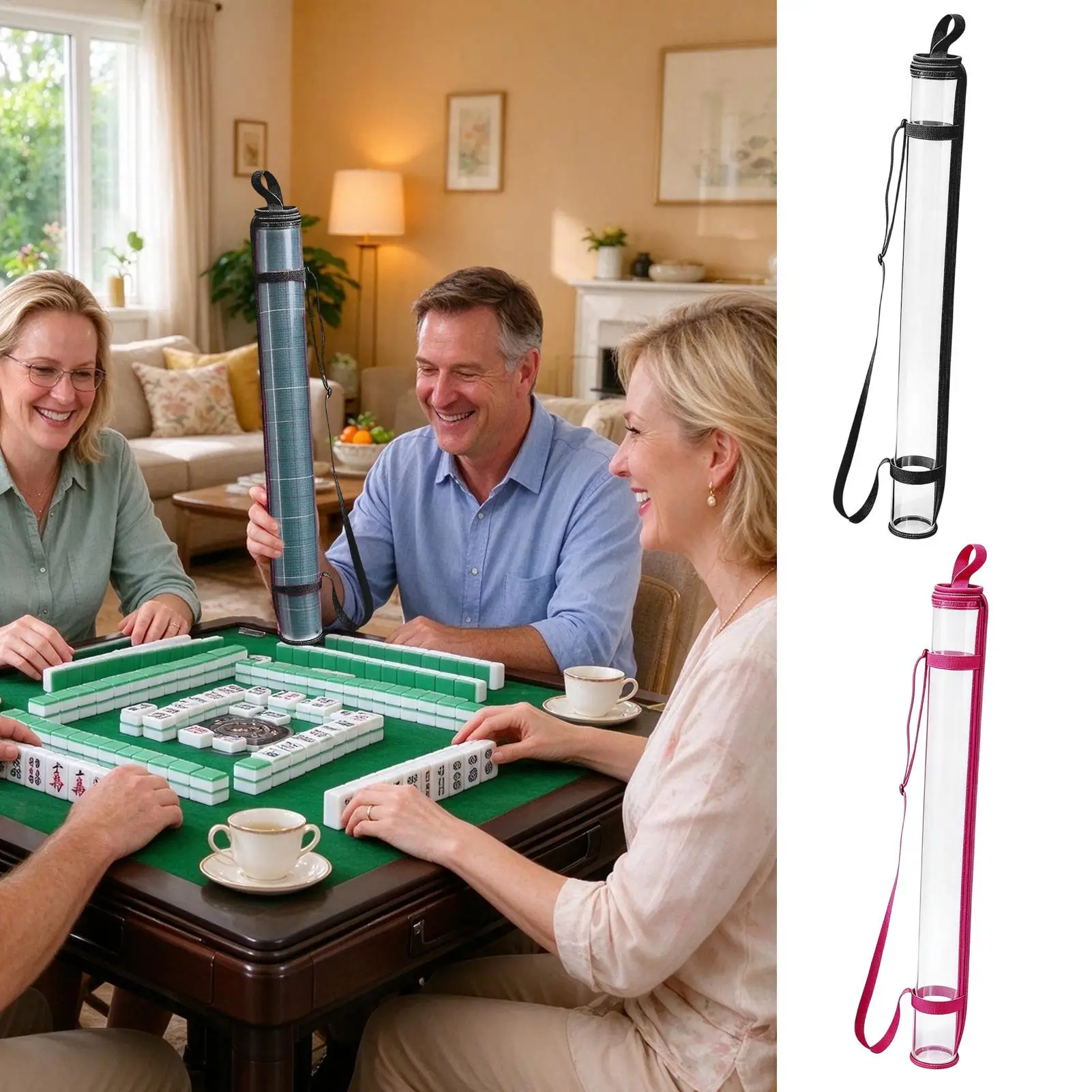 Mahjong Mat Storage Tube Transparent Dustproof PVC Holder With Zipper Long Mahjong Mat Bag For Travel Beach Christmas Game