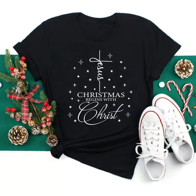 Unisex Merry Christmas Graphic T‑Shirt Leopard Plaid Xmas Tree Cross Letter Print Crew Neck Holiday Tee For Men Women