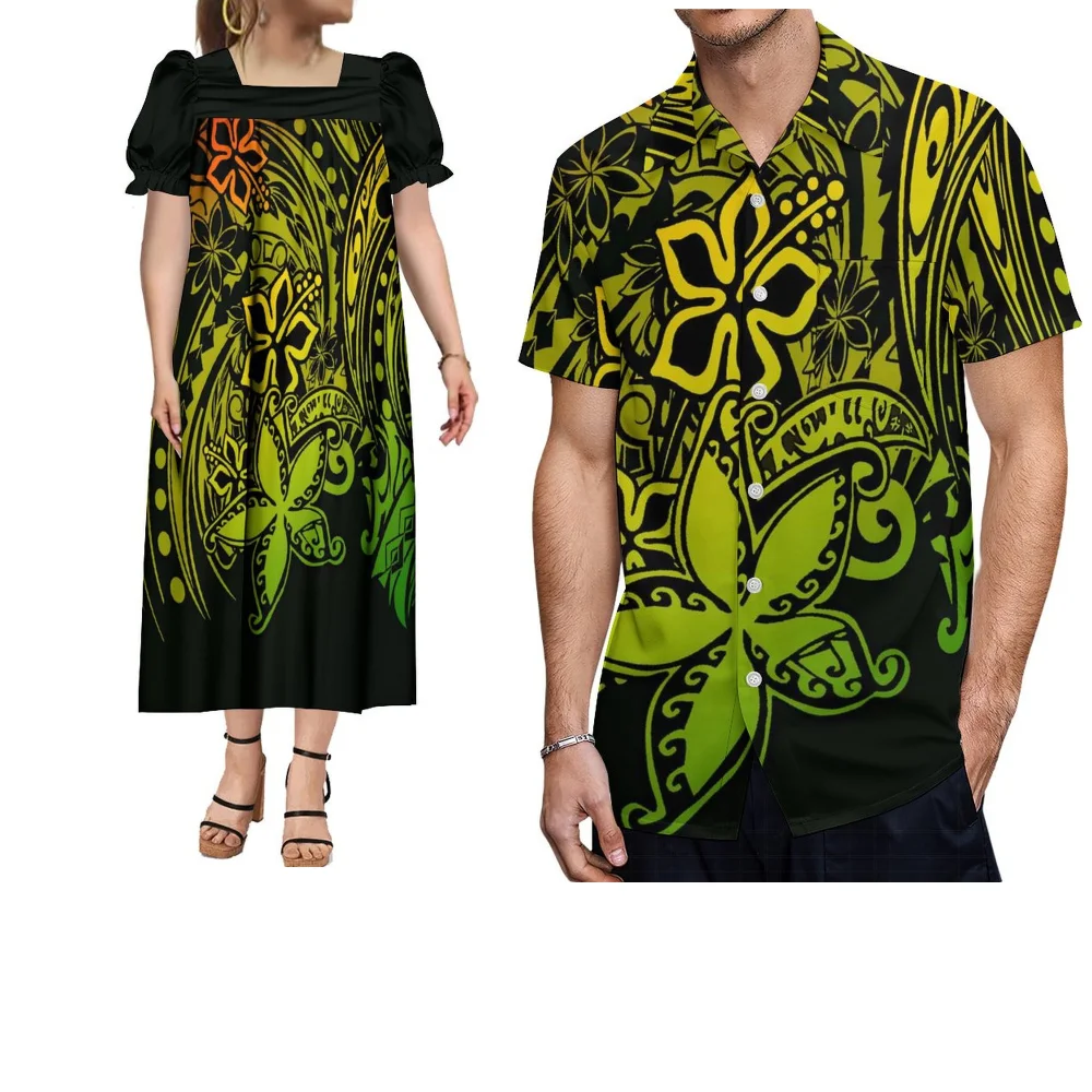 Zomerpaaroutfits Polynesische bedrukte op maat gemaakte Mumu-jurk voor dames en casual shirt met korte mouwen voor heren
