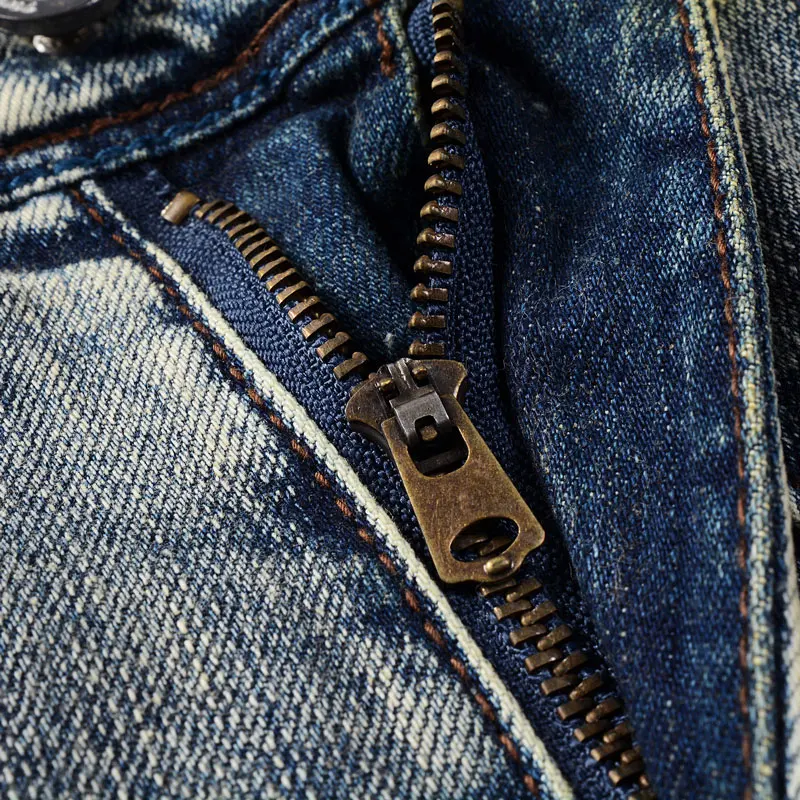 Newly Designer Fashion Men Jeans Retro Washed Blue Elastic Stretch Slim Fit Ripped Jeans Men Patched Vintage Denim Pants Hombre