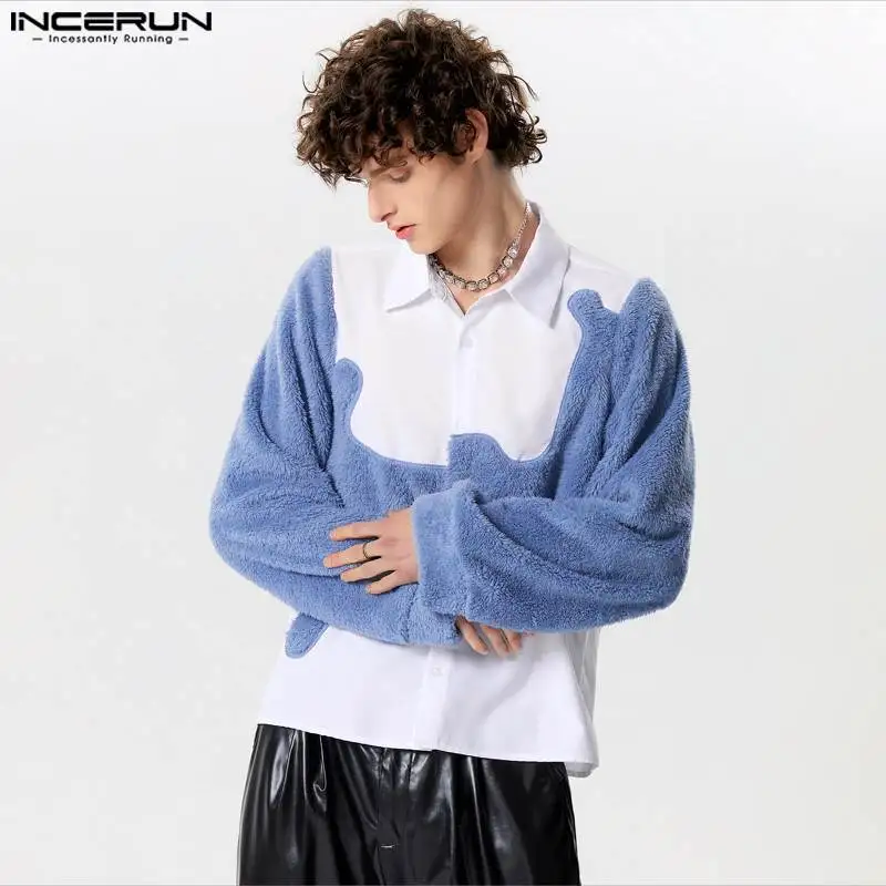 2024 Men Shirt Plush Patchwork Lapel Long Sleeve Button Casual Men Clothing Streetwear Fashion Leisure Camisas S-5XL INCERUN