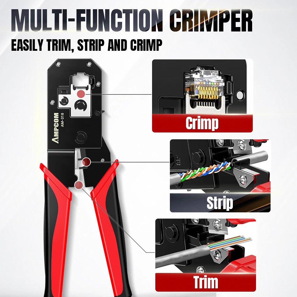 AMPCOM RJ45 Crimping Tool Ethernet Network LAN Cable Crimper Cutter Stripper Plier 8P RJ45 6P RJ12 RJ11 for Modular Connector