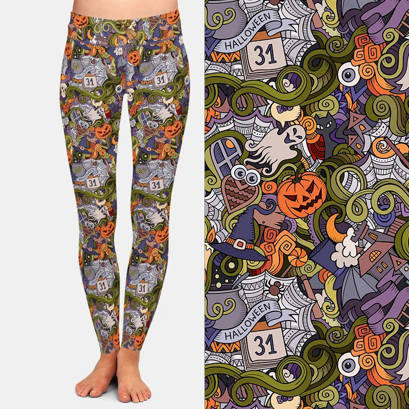 LETSFIND High Waist Womens Fitness Legging Hand-drawn Doodles on The Subject of Halloween Pattern Slim Stretch Trouser Leggings