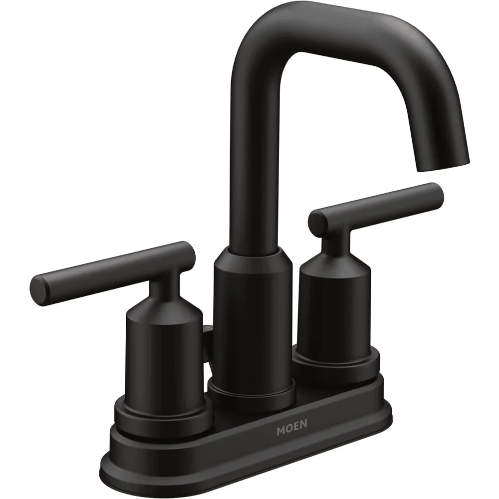 Two-Handle Centerset High Arc Modern Bathroom Faucet With Drain Assembly Contemporary Black Sink Faucet for 3-Hole Countertops