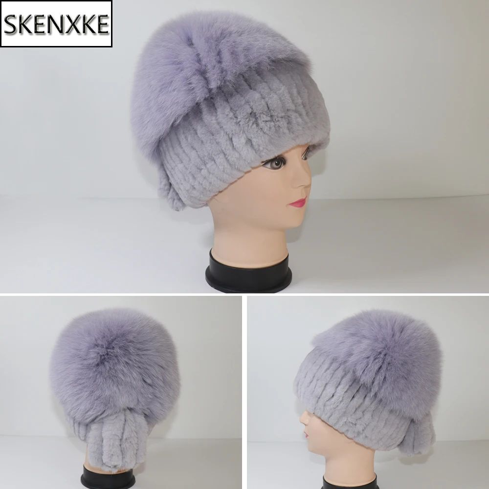 

Winter Knitted Real Fox Fur Hat With Tail Women Warm Soft Real Rex Rabbit Fur Hats Natural Luxury Quality 100% Genuine Fur Caps