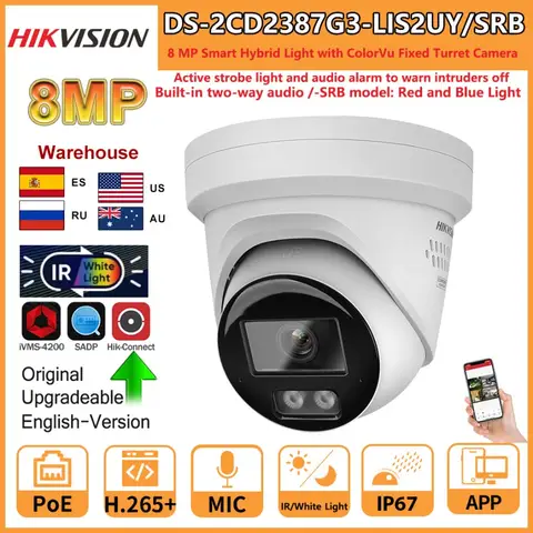 Hikvision 8MP IP 카메라 DS-2CD2387G3-LIS2UY/SRB 스마트 하이브리드 라이트 ColorVu 양방향 오디오 터렛 카메라 빨간색 파란색 빛 오디오 알람