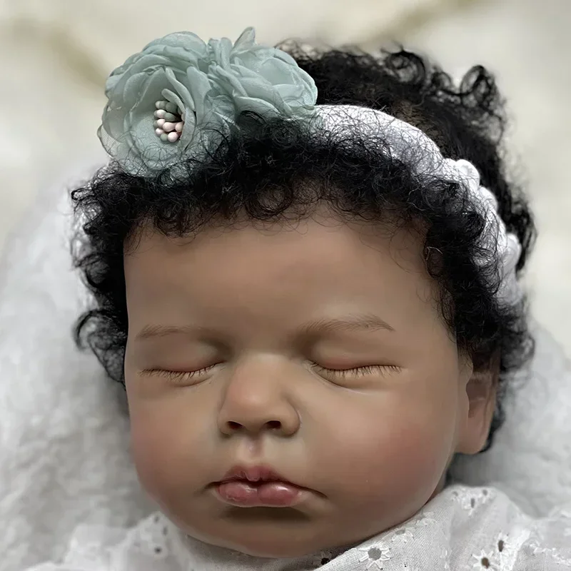 19inch Reborn Baby Doll Asleep Loulou with Black Curly Hair Handmade African American Baby Dolls Muñecas Bebe Reborn Juguetes