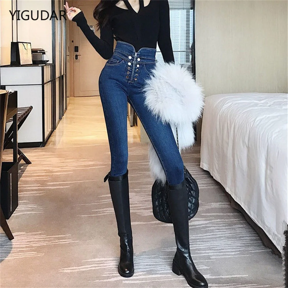 

Winter Thick Velvet Women High Waist Skinny Jeans Simple Fleece Warm Slim Fit Stretch Ladies Casual Denim Pencil Pants