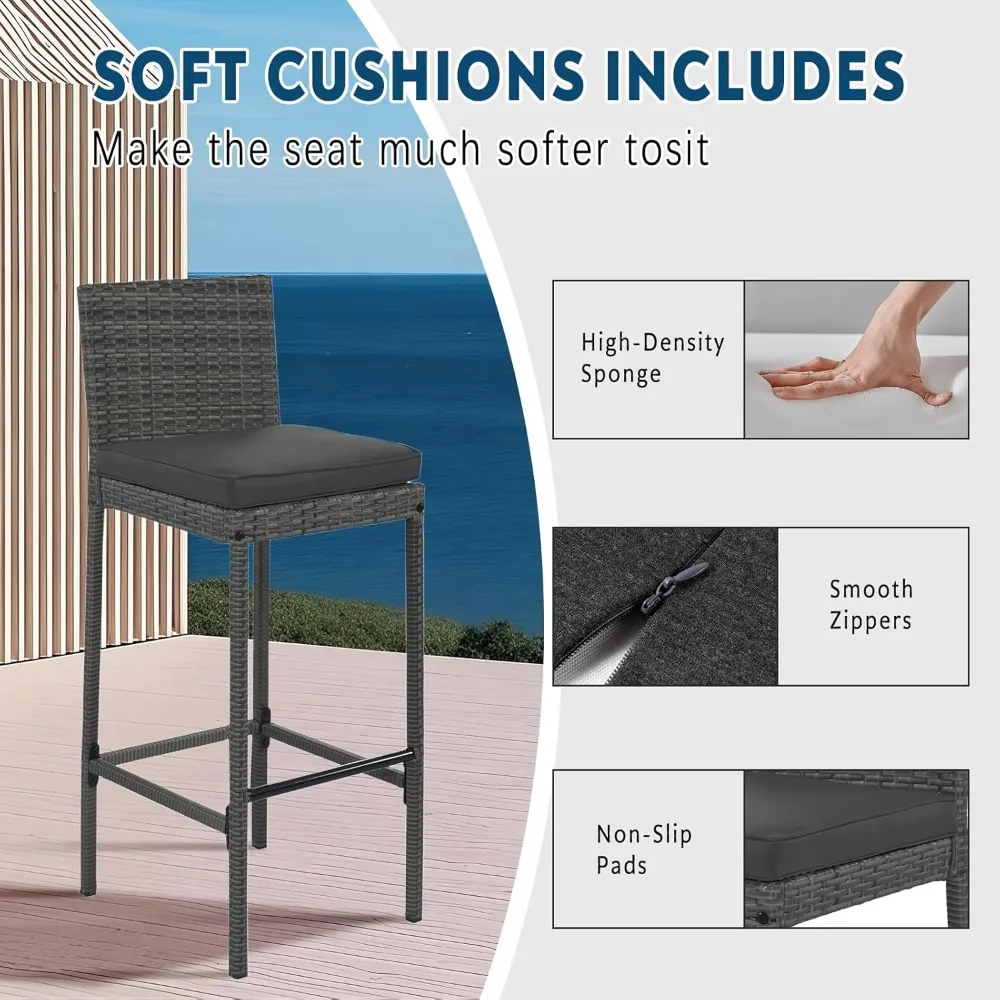 5 Piece Rattan Patio Bar Set,Wicker Conversation Set Outdoor Furniture Set with Wood Desktop,4 High Stools,Dining Table