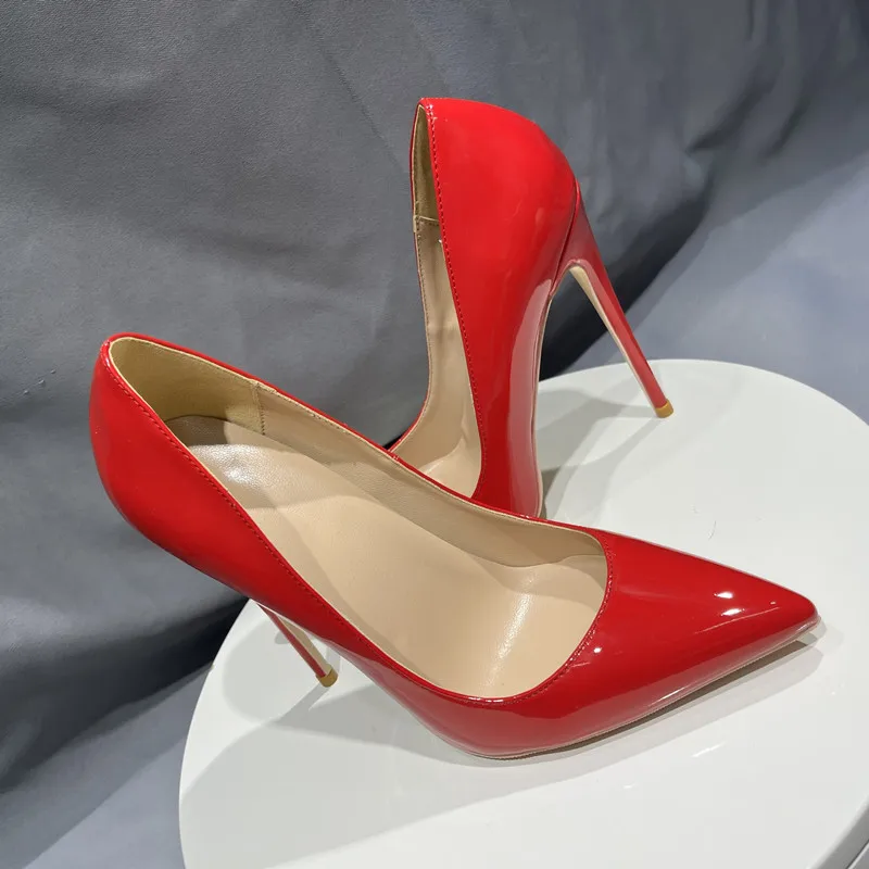 Heelgoo Glossy Red Women Fashion Essential Pointy Toe High Heel Shoes Red for Wedding Simple Plain Stiletto Pumps 12cm 10cm 8cm