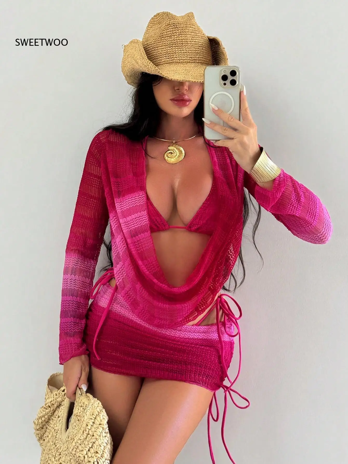 Move 4-Piece Set Tie Halter Triangle Make Top Side Tie High Cut Swim Bottoms Long Sleeve Back Cutout Cover Up. Mini Skirt