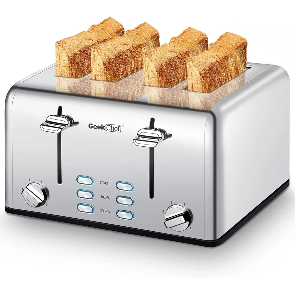 4 Slice Stainless Steel Toaster with Bagel/Defrost/Cancel Function, Dual Control Panel of 6 Toasting Bread Shade Settings