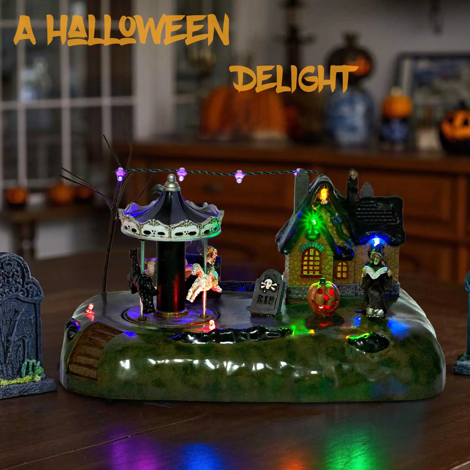 不気味な町ハロウィン村の家カーニバルライドコレクション移動カルーセル音楽-led-ライト屋内ホーム暖炉デスク装飾