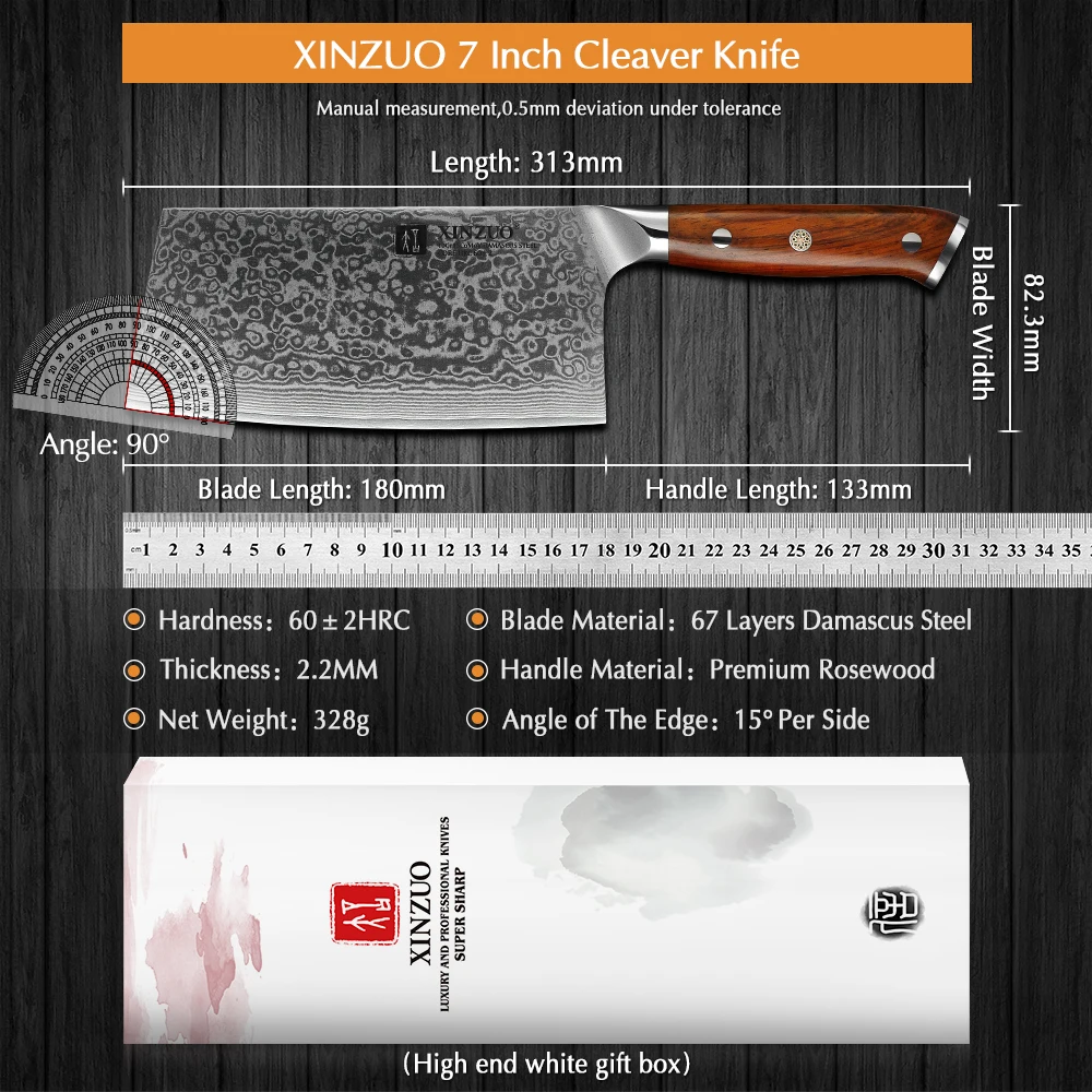 XINZUO 6.5'' Slicing Knife Damascus Kitchen Knives Chinese Style High Quality Carbon Steel Butcher Cleaver Knife Rosewood Handle