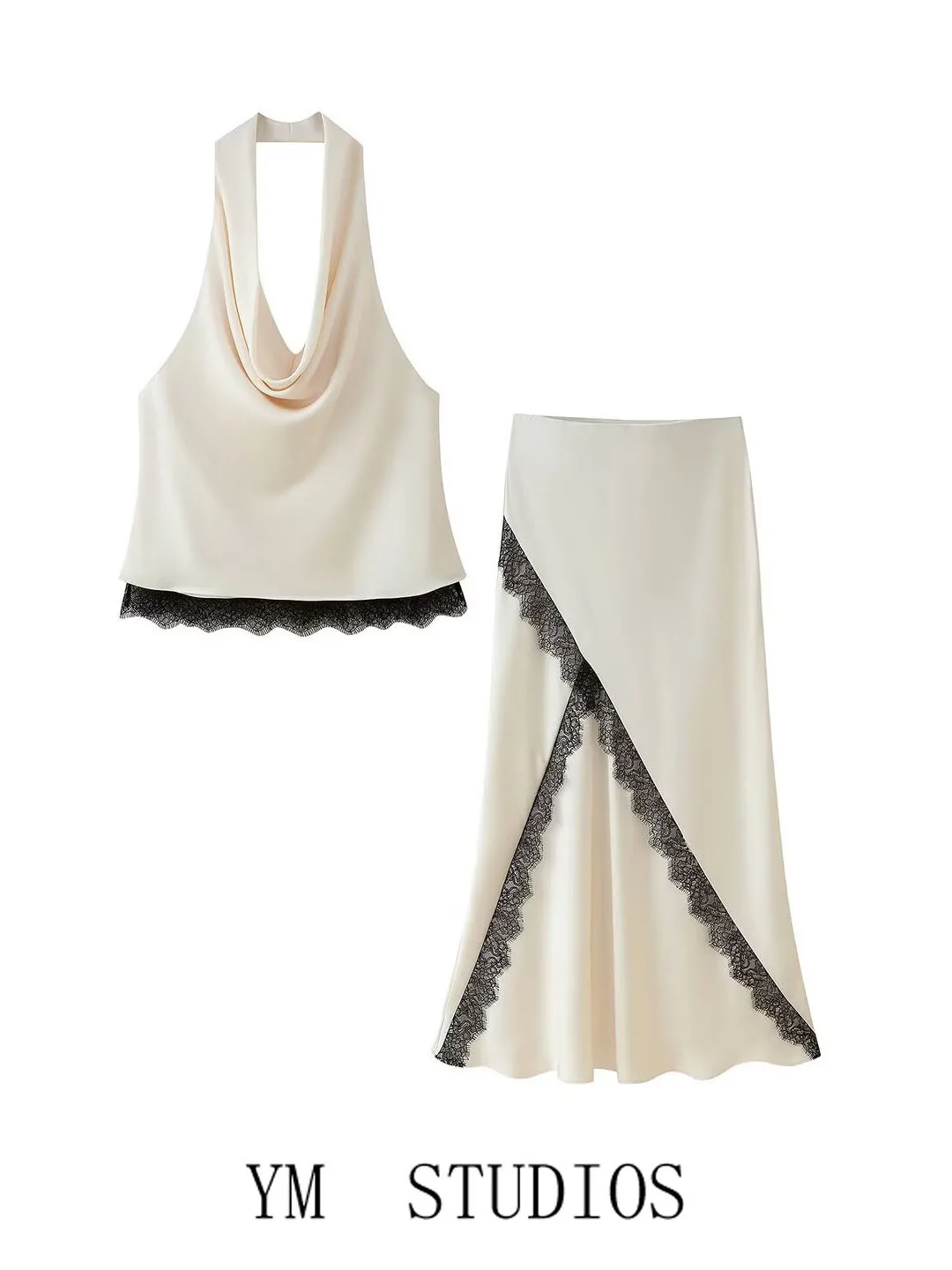 

Elegant Lace Patchwork Silk Blend Neck Hanging Top Vest Split Midi Skirt Two-Piece Set for Women Casual Autumn Fashion