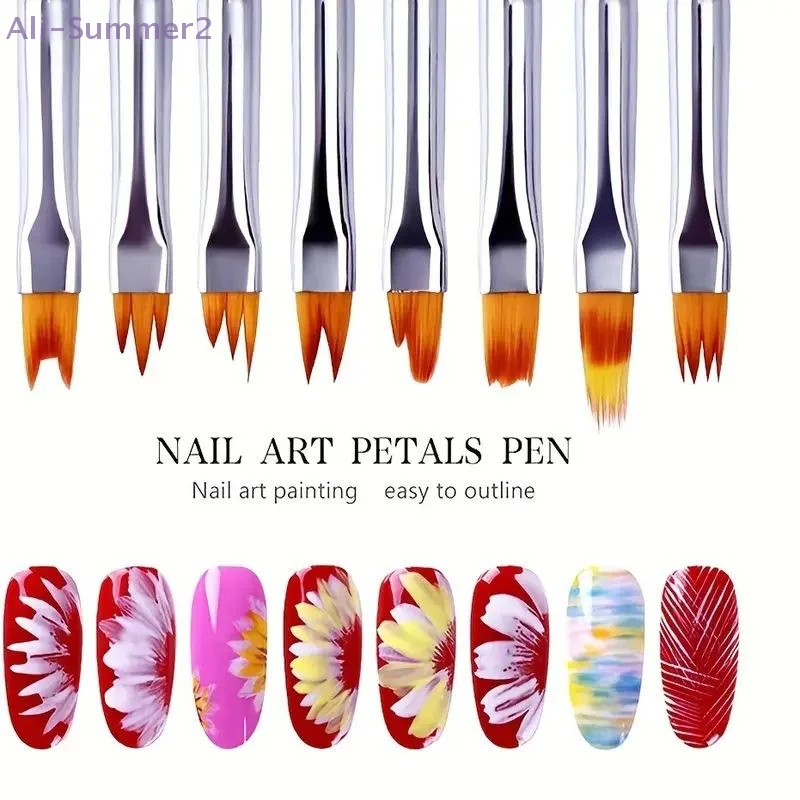 8Pcs Set Oblique Gradient Smudge Nail Flower Drawing Sawtooth Pen Multifunctional Mix Shape Petal Painting Gel Nail Art Brush