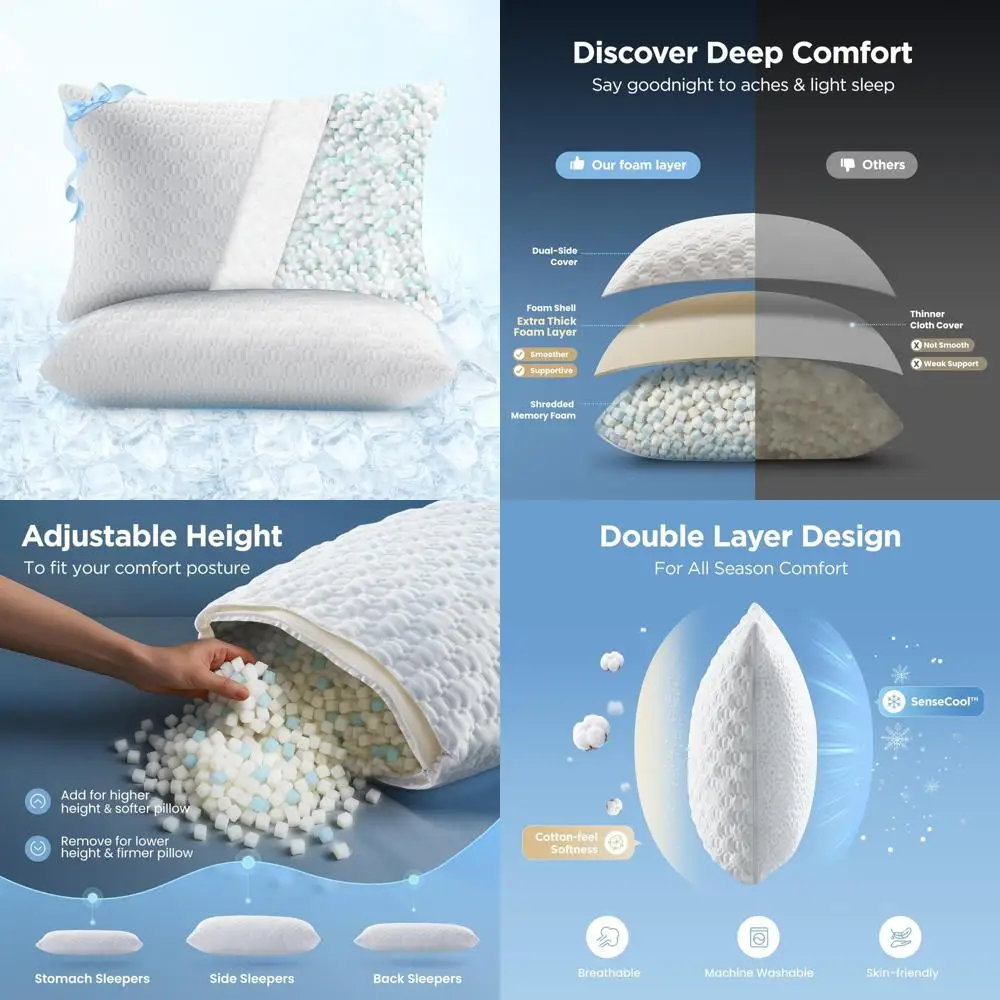 

Sophia & William Cooling Memory Foam Pillows - King Size Set, Adjustable for Side and Back Sleepers