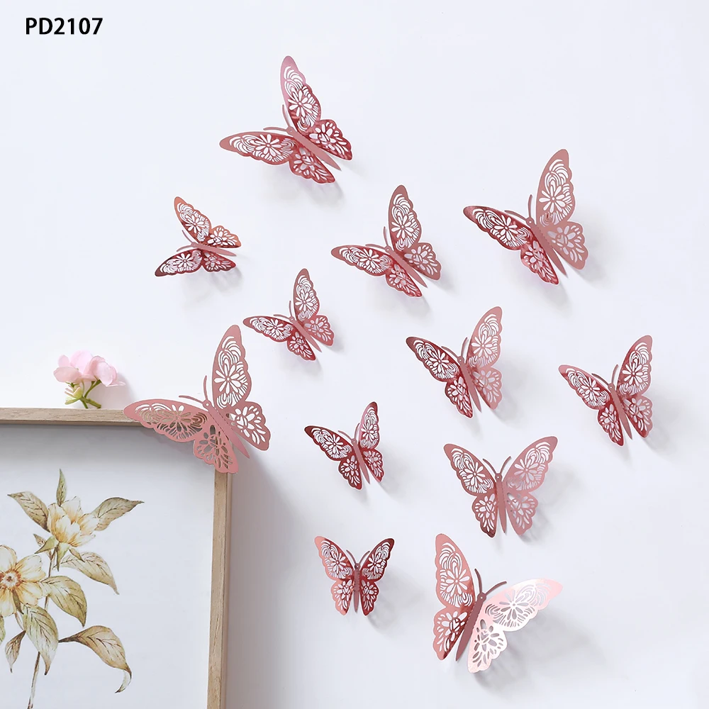 12/24/36Pcs 3D Hollow Butterfly Wall Sticker oro argento rosa decorazione di nozze camera da letto decorazioni per la casa farfalle decalcomanie adesivi