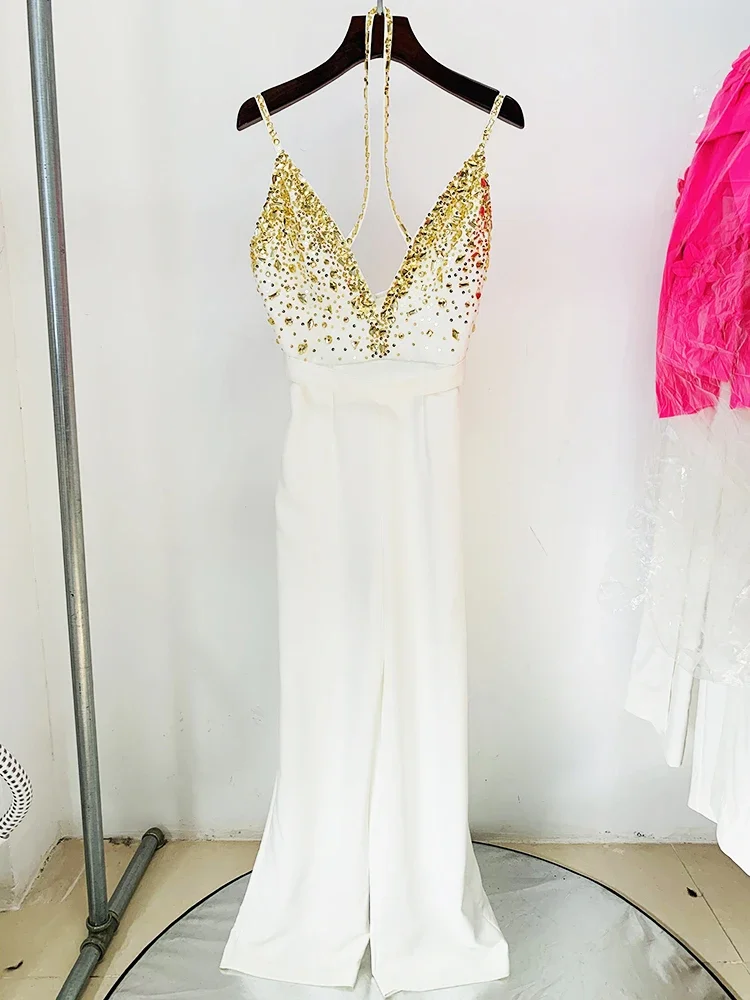 Newest Fashion Summer 2024 Designer Women Spaghetti Strap Stunning Strass Stone Didmonds Beading Straight Jumpsuit