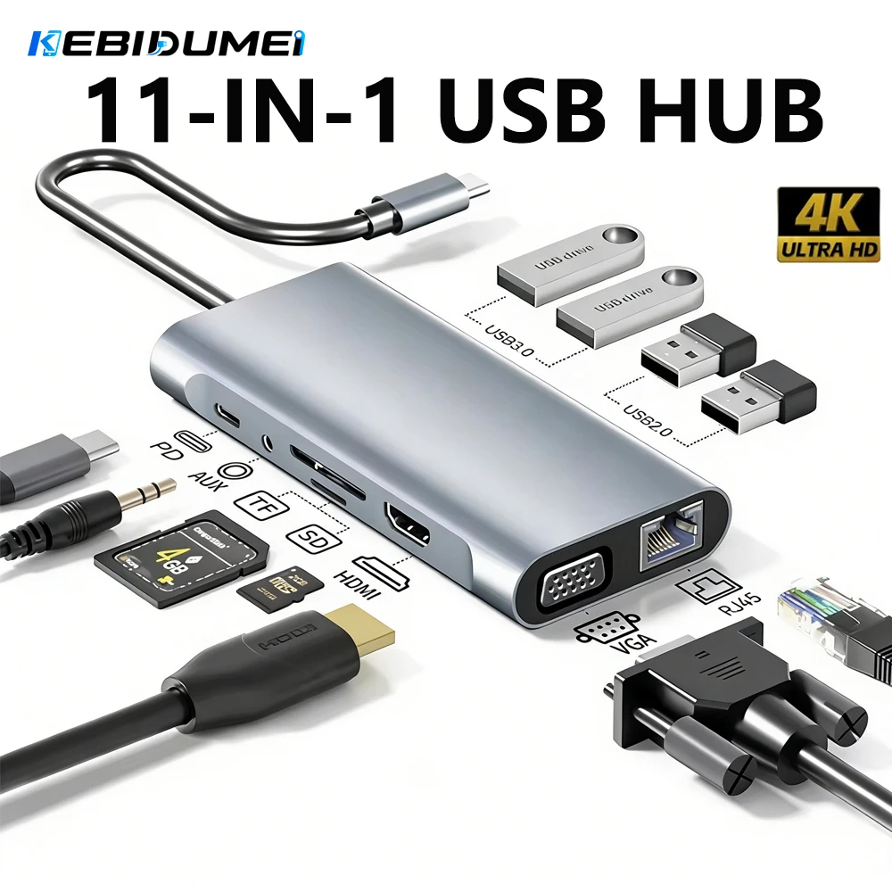 KEBIDUMEI 11-in-1 Docking Station USB 3.0 HUB Type-C to 4K HDMI 5Gbps USB3.0 100M RJ45 100W PD Adapter Computer Accessories