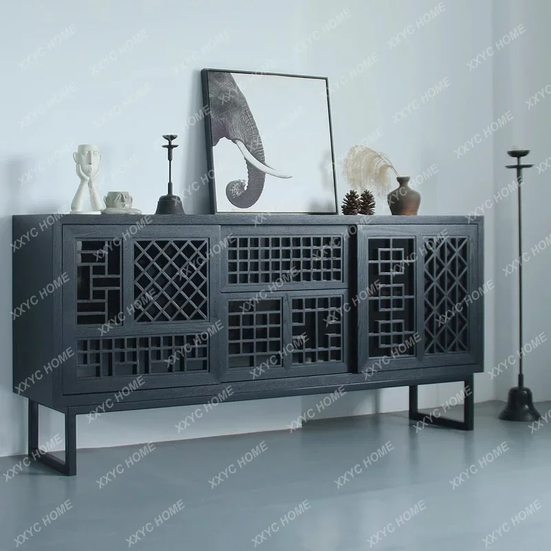 

LSansan retro solid wood dining side cabinet living room against the wall Chinese grille creative entrance locker