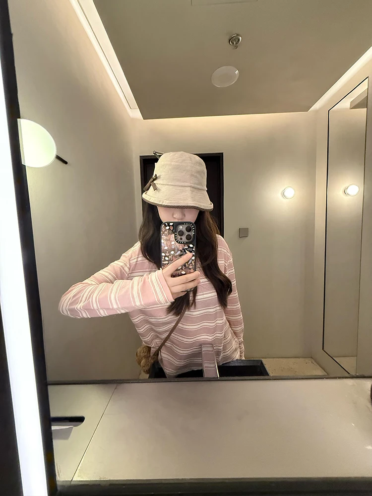 

Pink Striped Sweet Long Sve Women's T-irt Loose Overhead Sle Inner Wear Casual Loose Fit Daily Wear Spring Autumn