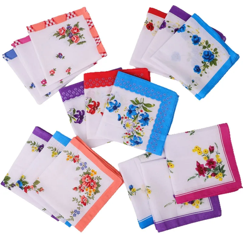 

3Pcs 28x28cm 100% Cotton Vintage Flower Printed Women Lady Handkerchief Wedding Party Gift Random Color