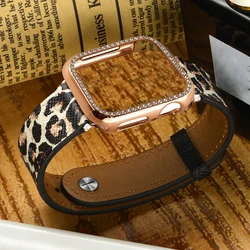 2pcs For apple watch 41mm 40mm 44mm 45mm band Leopard print leather strap + bling PC case iwatch ultra2 49mm se 9 8 7 6 5 4 band