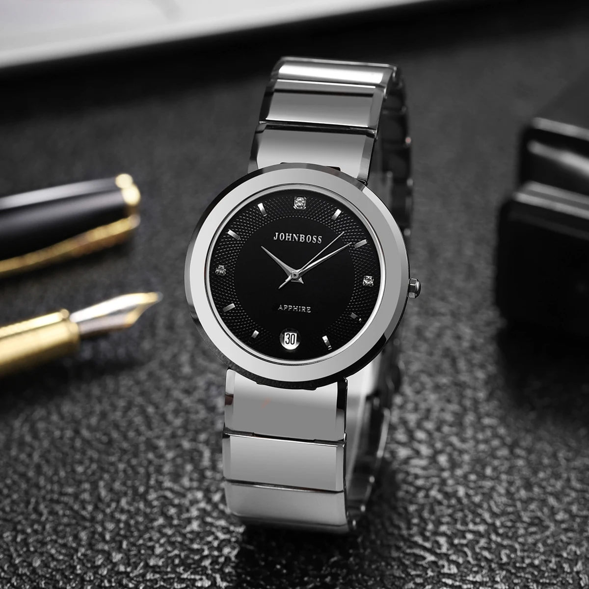 JS круглые водонепроницаемые часы из вольфрамовой стали с датой, мужские часы со швейцарским кварцевым механизмом и сапфировым стеклом, деловые часы