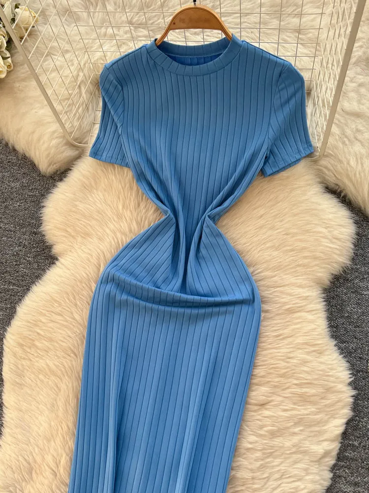 Foamlina Blue Knit Bodycon Dress Women Fashion O Neck Short Sleeve Sash Tie-up Back Slim Fit Long Dress for Casual Daily Wear