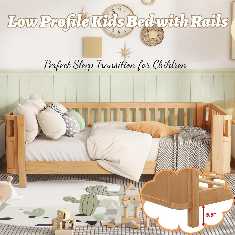 Estrutura de cama infantil de tamanho duplo, cama de solteiro montessori de baixo perfil com trilhos, sofá de madeira para meninas e meninos, sem necessidade de caixa de mola,