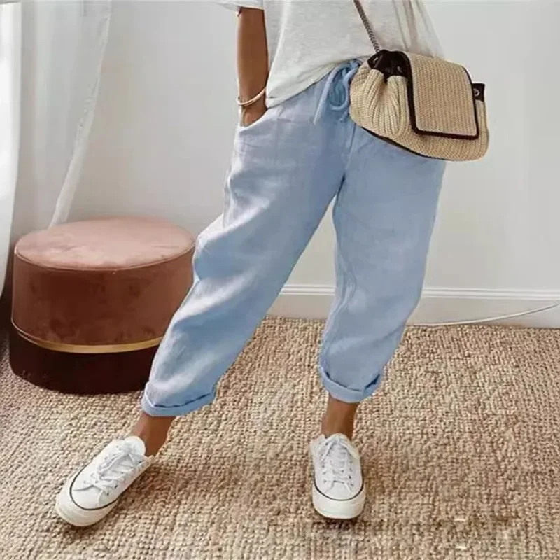 2024 New Women's Cotton Hemp Elastic Waist Nine-point Pants Casual Pants for Women