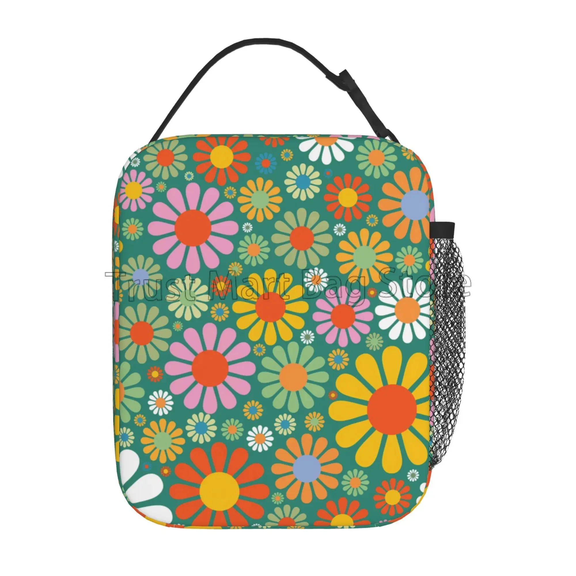 Abstract Hippie Flower Kids Insulated Lunch Bag Protable Thermal Tote Bag Reusable Cooler Bento Tote Bag for Travel Work Picnic