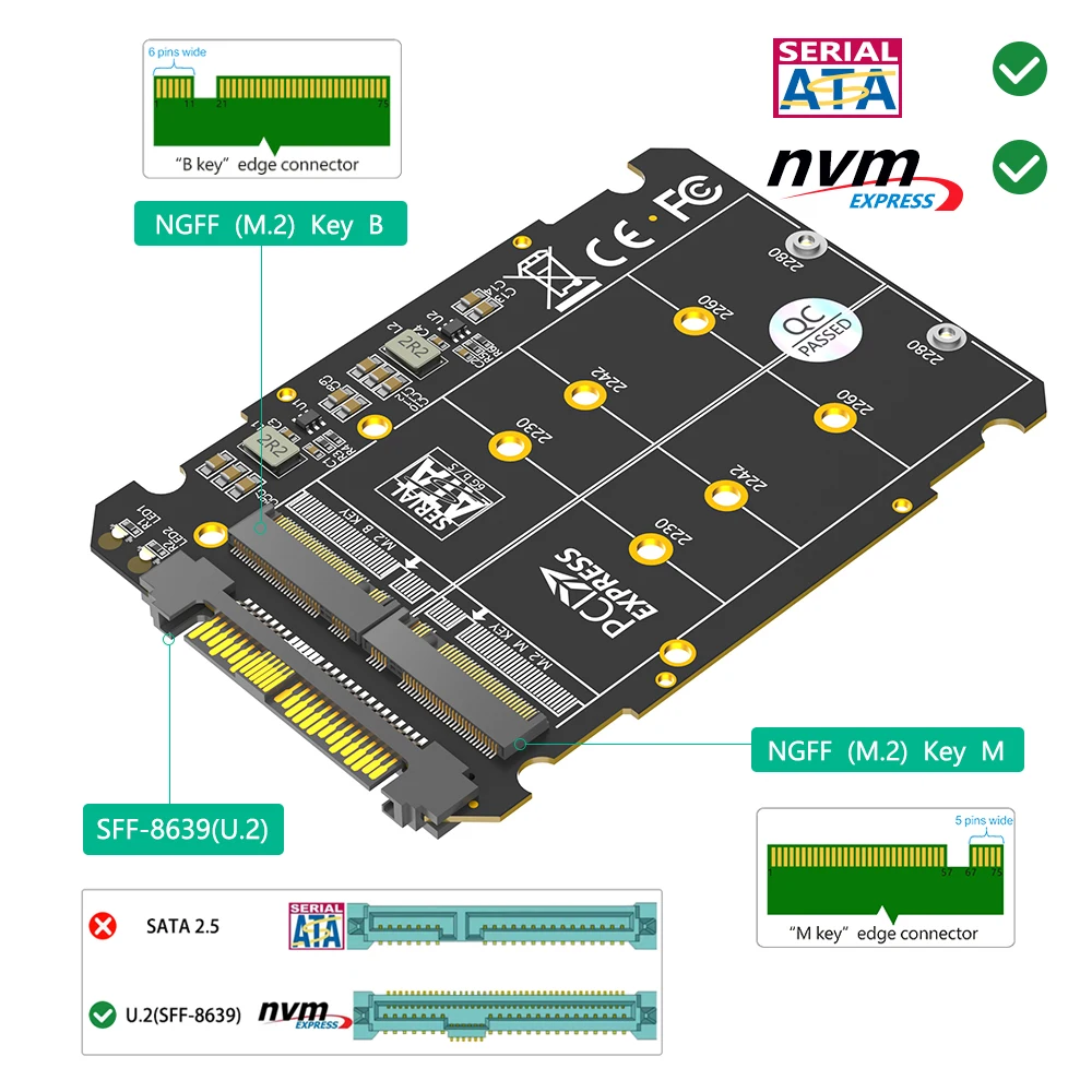 M.2 SSD to U.2 Adapter 2 in 1 M.2 NVMe SATA-Bus NGFF SSD to PCI-e U.2 SFF-8639 PCIe M2 Adapter Converter for Desktop Computers