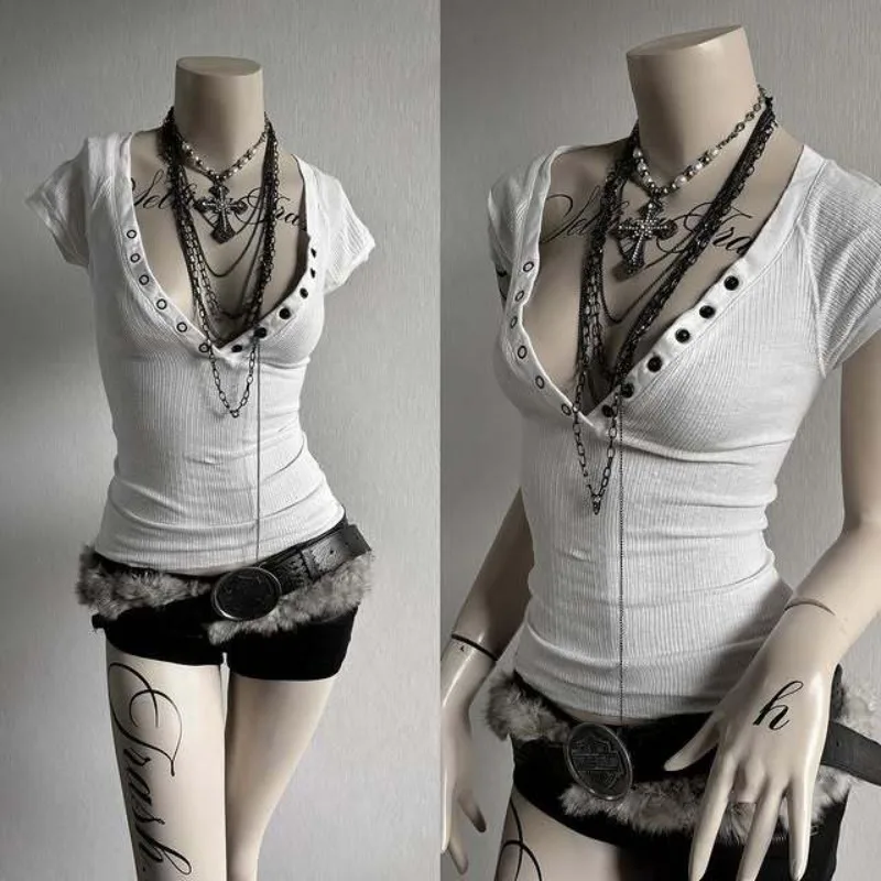 Spicy Girls Y2k Crop Top botón Harajuku Color sólido cuello pico ropa informal ajustada Rock Goth Camiseta de manga corta Punk único Hip Hop