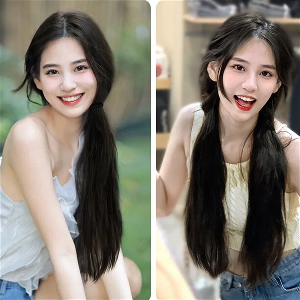 1Pc Y2K girls Natural Synthetic Simulation Long Straight Double Horsetail Wig with hairrope Extensions Hair Wig Accessories 45cm