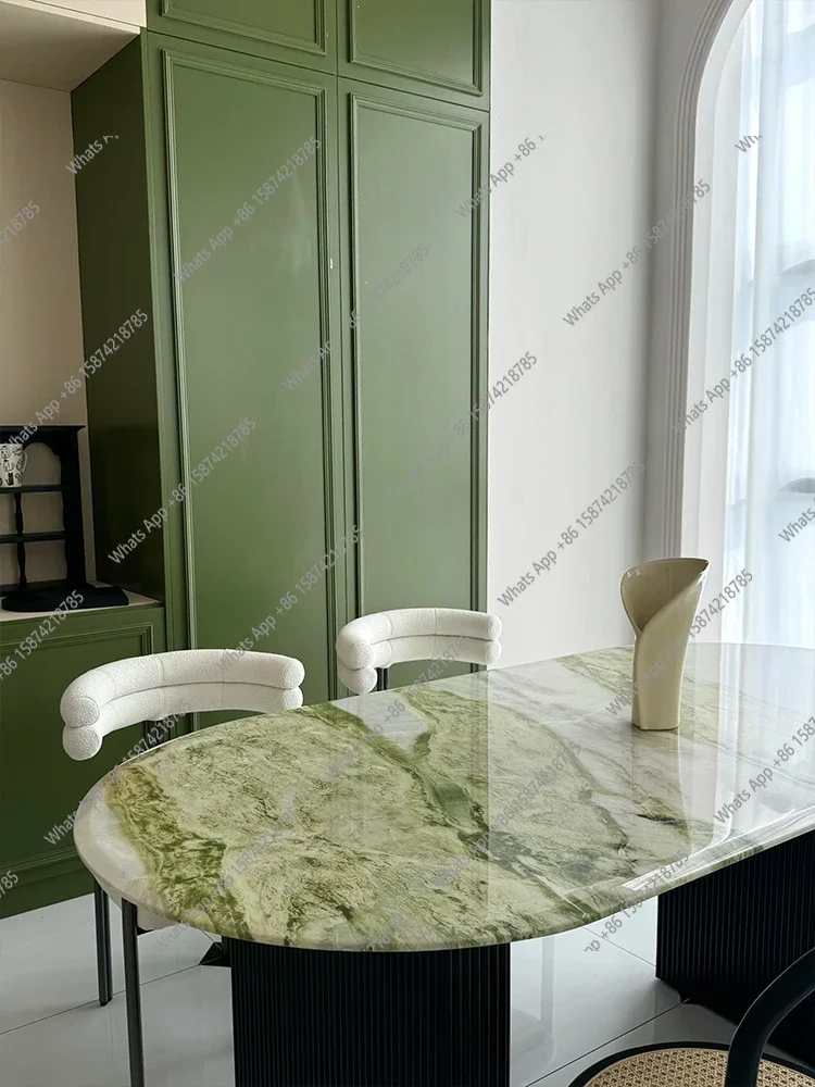 

S Irish Emerald Stone Dining Table, French Cream&Nordic Style Oval Table, Heat Resistant&Scratch Proof, Master Design, Customize