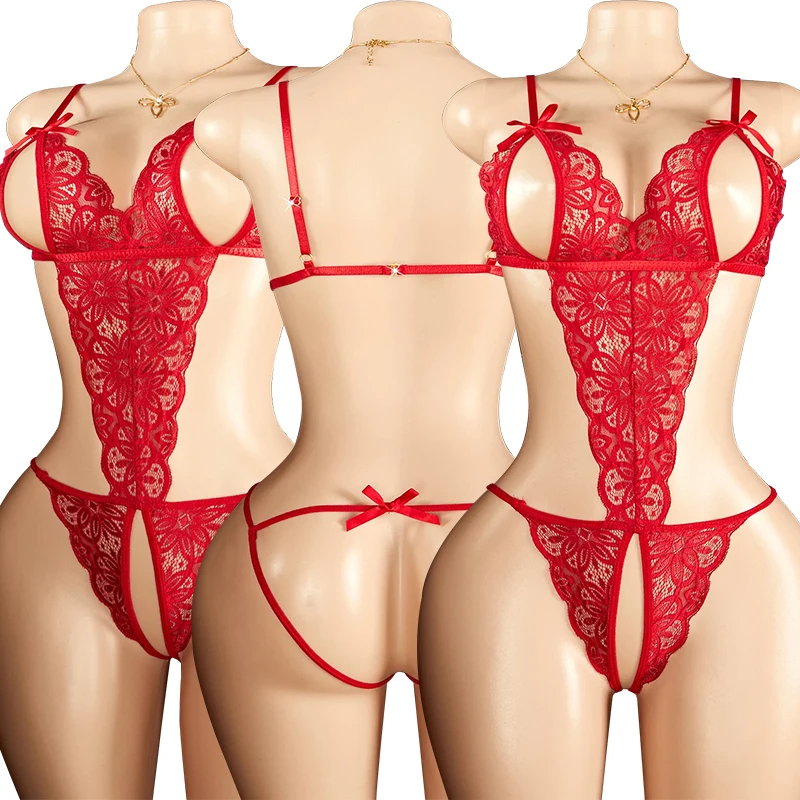 Women Sexy Sleepwear Lace Baby Doll Dress Sleeveless Pajamas Set Erotic Crotchless Lingerie Open Bra Nightwear Teddy Pajama Sets