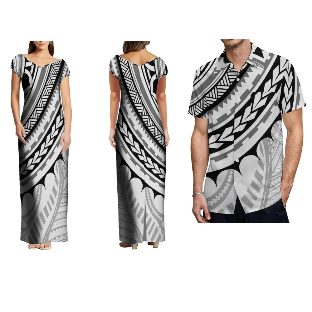 Polynesian Tribal Retro Summer Short-Sleeved V-Neck Women'S Dress Loose Long Dress Men'S Shirt Custom-Made Couple Set