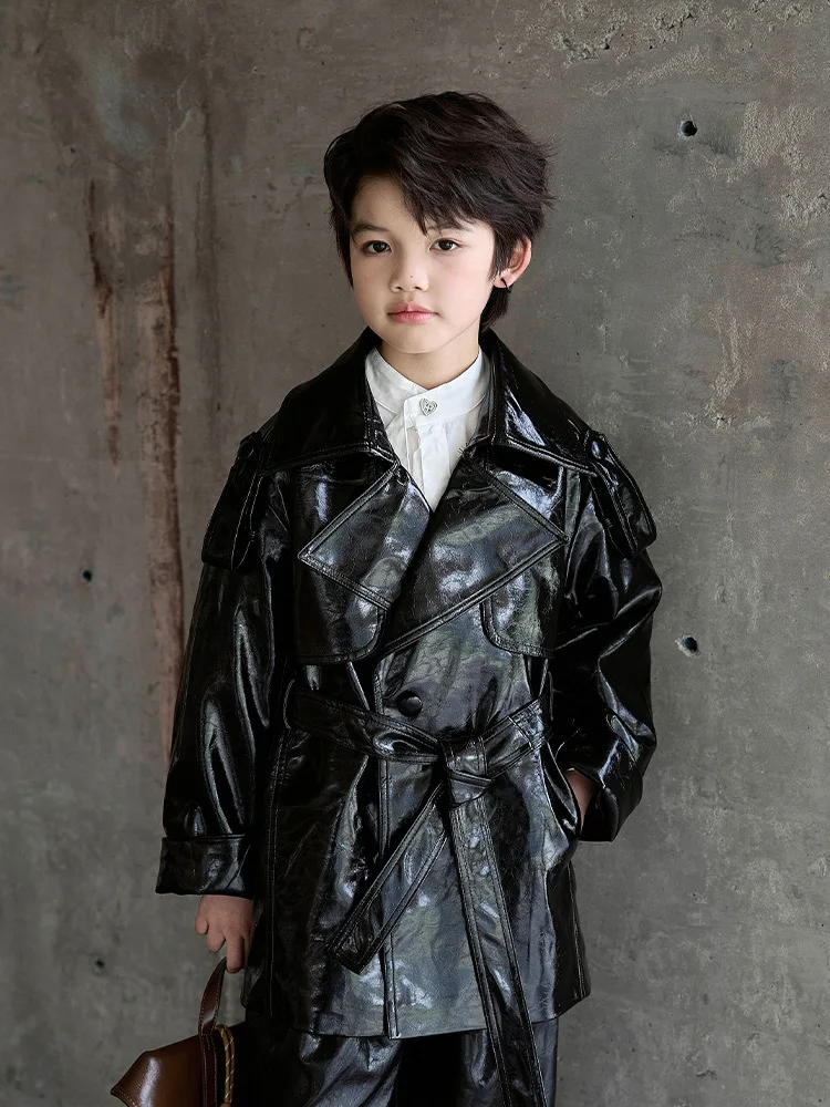 Kids Boys Retro PU Leather Trench Coat Glossy Coated Fabric Double Breasted Belted Long Jacket Child Windbreaker Overcoat 5-14Y