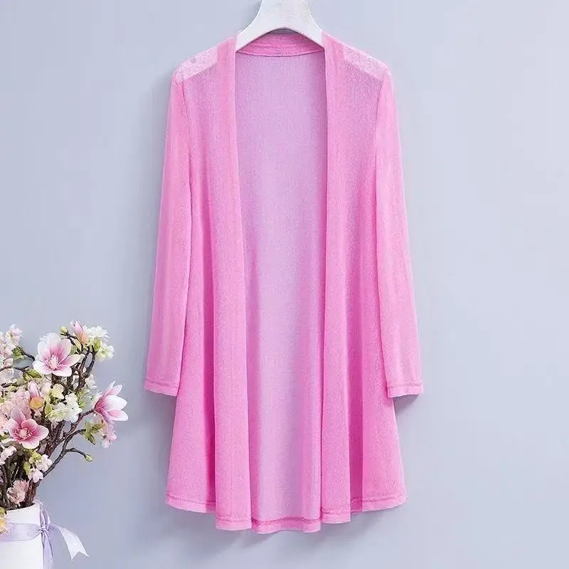 2025 Cardigan maglione lungo casual da donna coreano con protezione solare, morbido, confortevole, semplice, solido, formato libero, cardigan sottile allentato