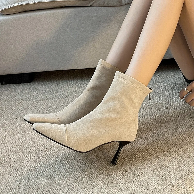 

French Style Flannel Slim Boots For Women Square Toe Back Zipper Botas Mujer 2024 Tendencia Stiletto High Heels Luxury Elegant