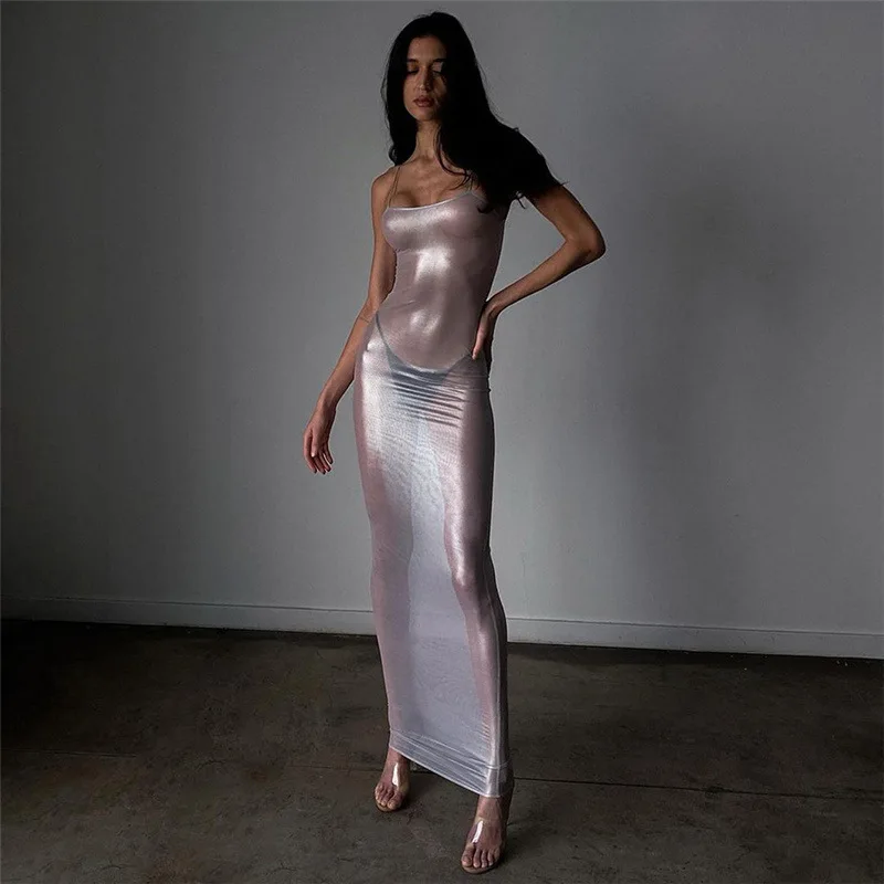 Women's clothing 2023 spring and summer new nightclub fashion babes sexy see-through net ironing silver slim suspender dress