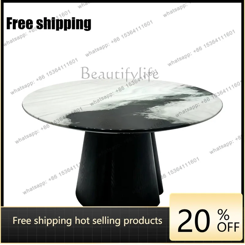 YJ Panda white luxury stone round dining table high-end solid wood marble round dining table with turntable